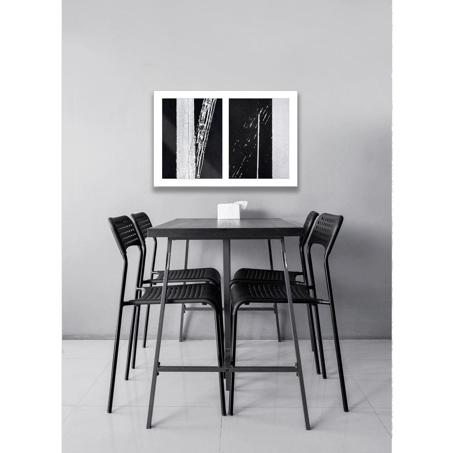 Abstract photograph diptych of white street line accidents