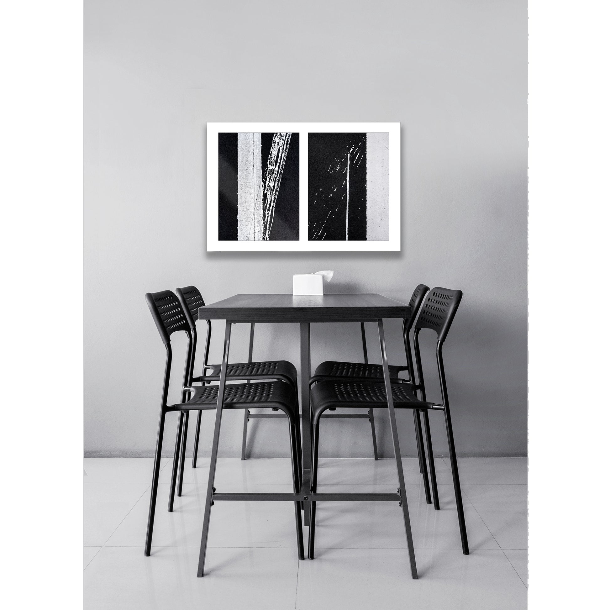 Abstract photograph diptych of white street line accidents