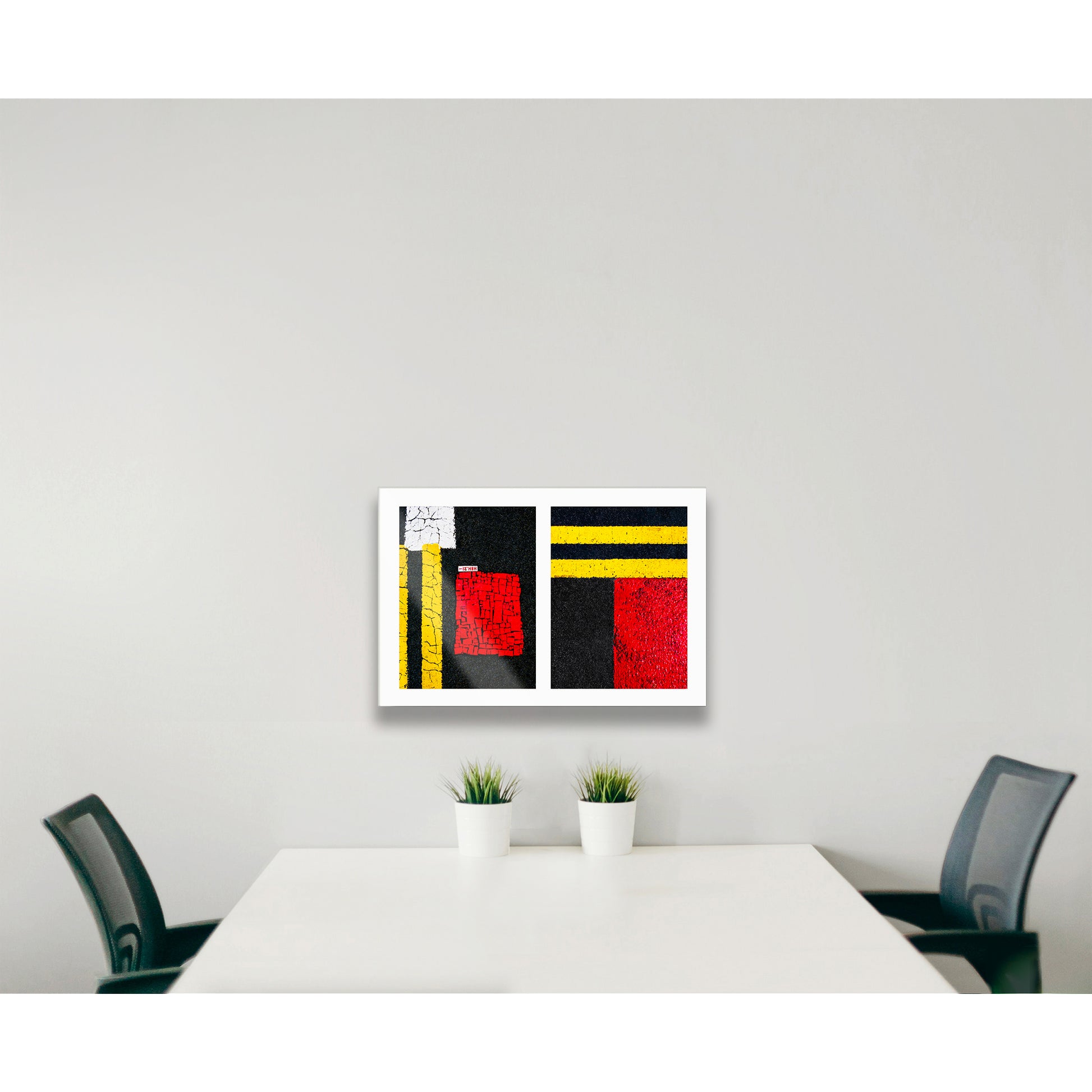 Abstract photograph diptych of street line blocks of red and yellow
