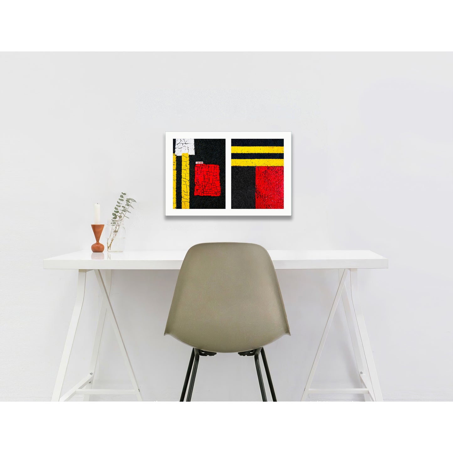 Abstract photograph diptych of street line blocks of red and yellow