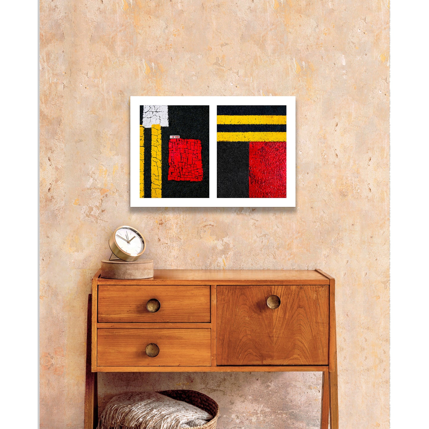 Abstract photograph diptych of street line blocks of red and yellow