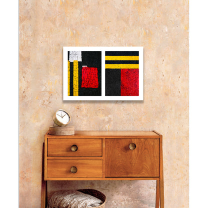 Abstract photograph diptych of street line blocks of red and yellow