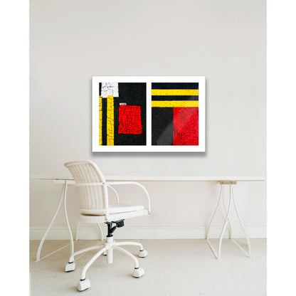 Abstract photograph diptych of street line blocks of red and yellow