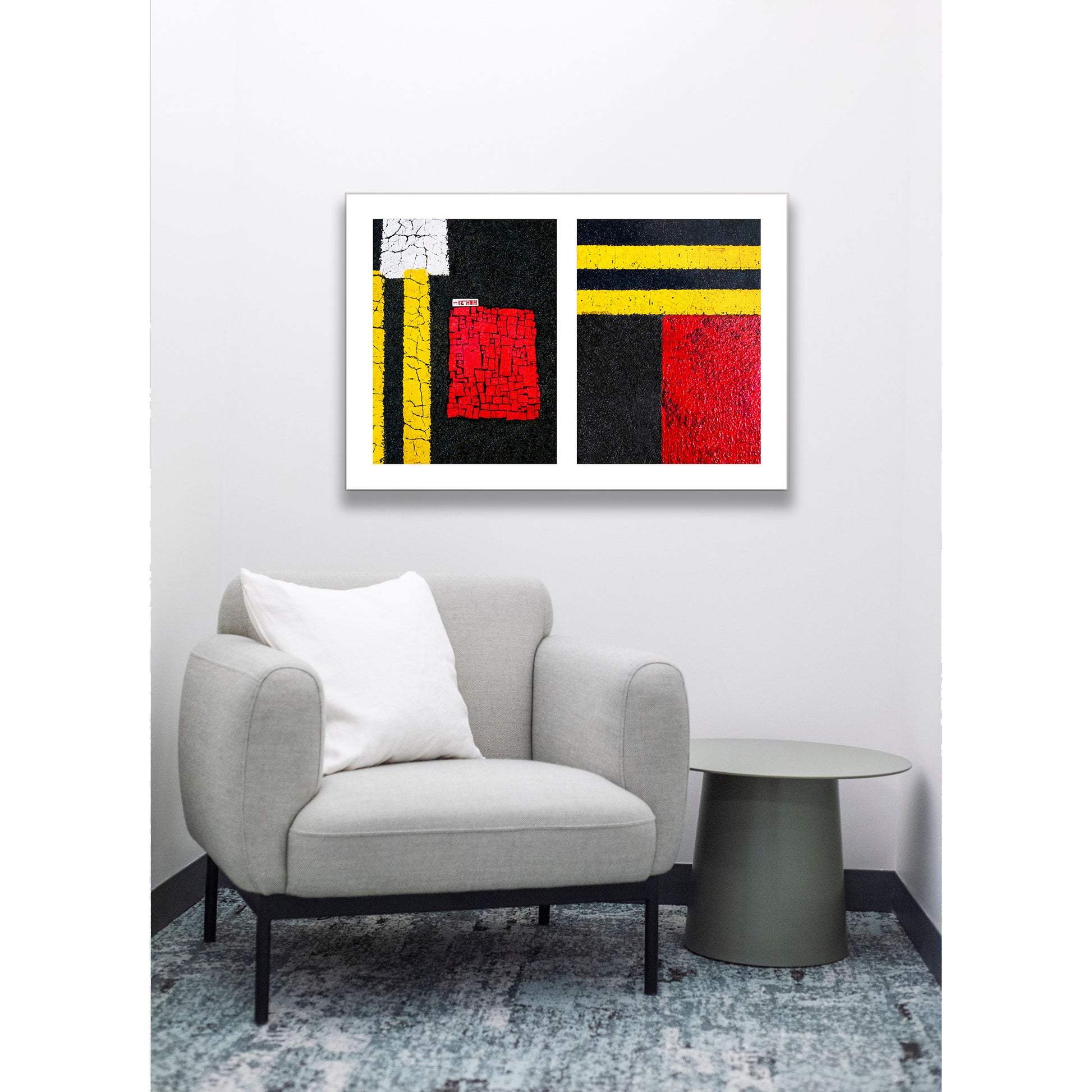 Abstract photograph diptych of street line blocks of red and yellow