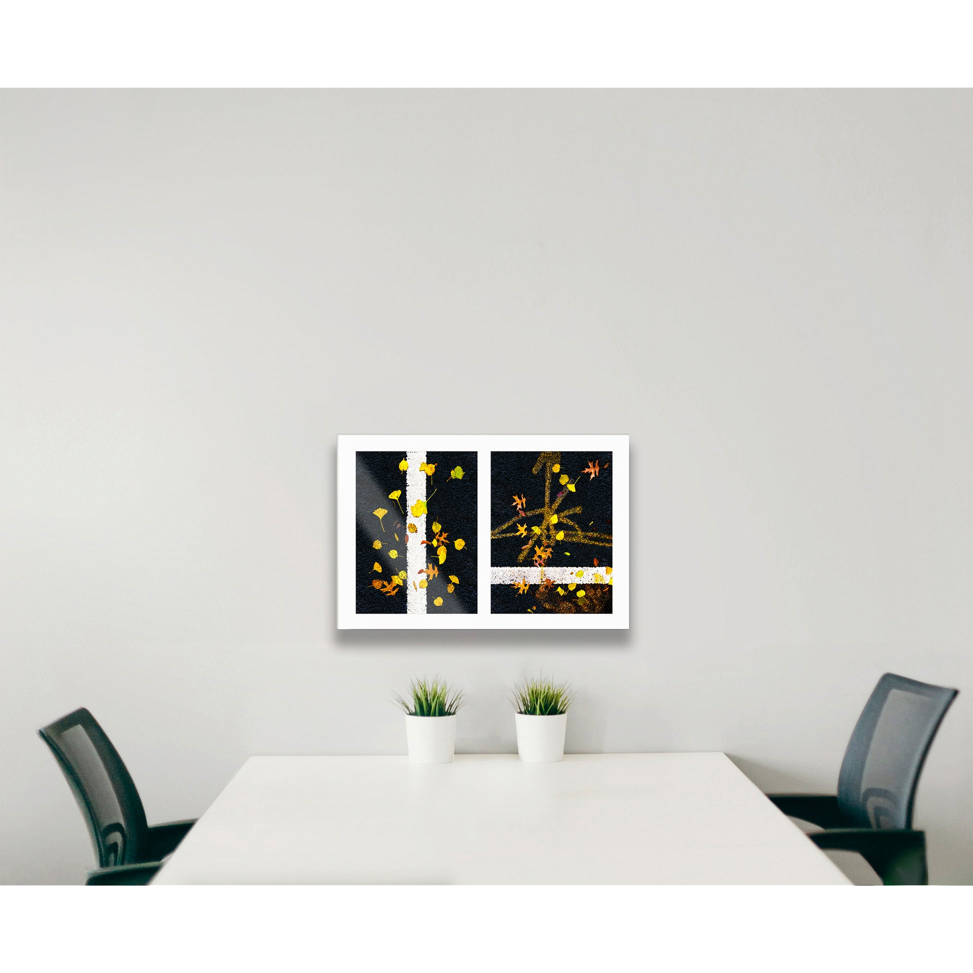 Abstract photograph diptych of leaves on street lines