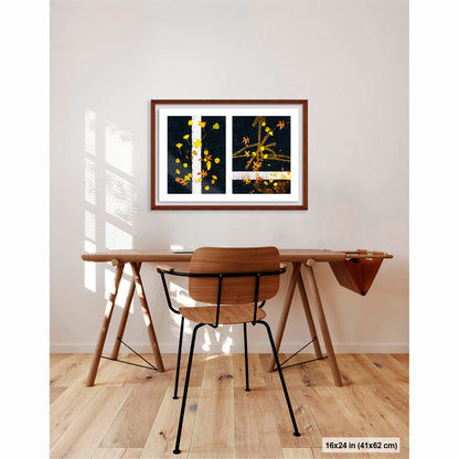 Scattered Leaves on Lines artwork by Susan Bowen, shown as 16x24 framed print. Features autumn leaves scattered across painted street lines capture nature and urban order in quiet contrast.