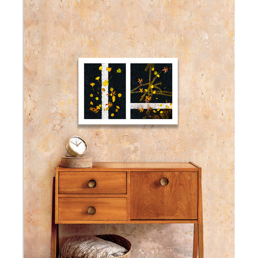 Abstract photograph diptych of leaves on street lines