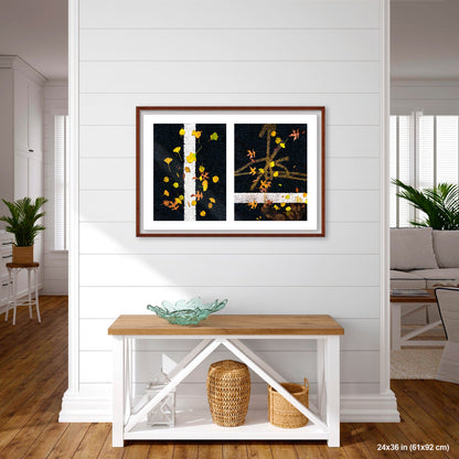 Scattered Leaves on Lines artwork by Susan Bowen, shown as 24x36 framed print. Features autumn leaves scattered across painted street lines capture nature and urban order in quiet contrast.