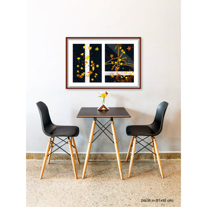 Scattered Leaves on Lines artwork by Susan Bowen, shown as 24x36 framed print. Features autumn leaves scattered across painted street lines capture nature and urban order in quiet contrast.