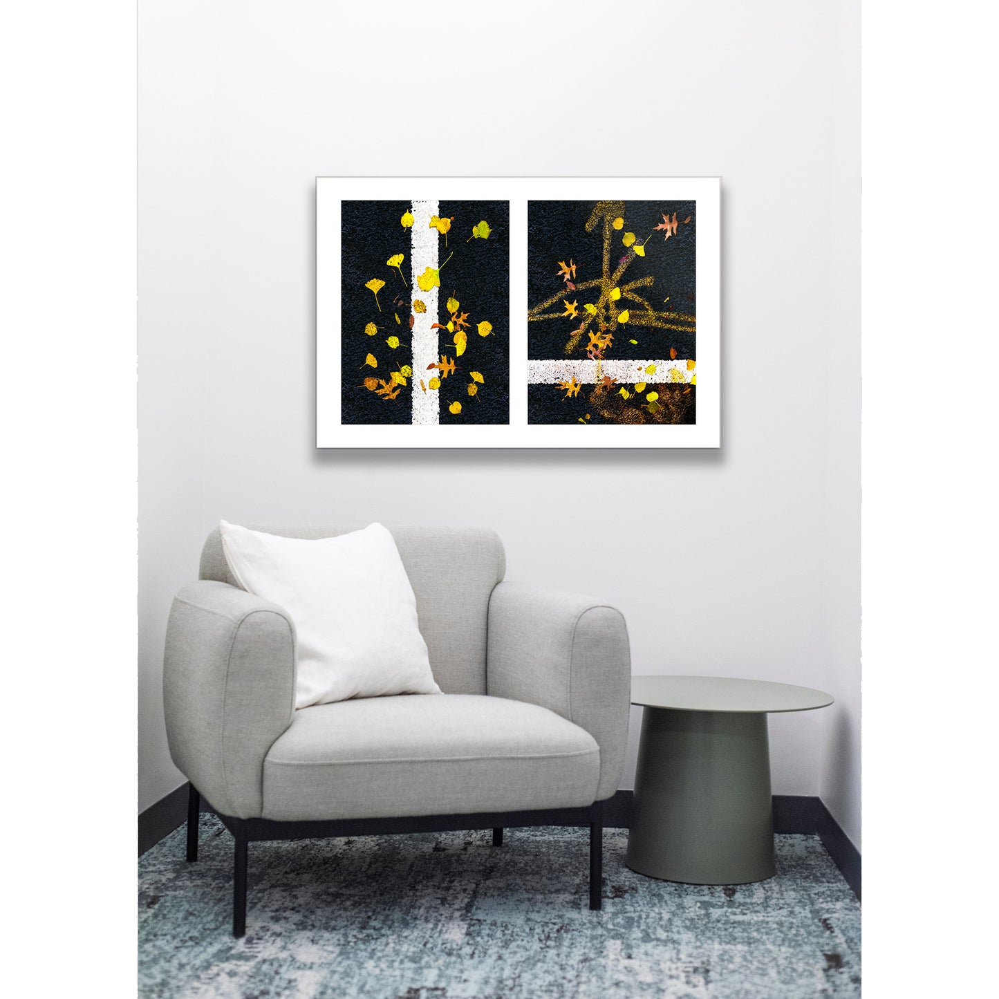 Abstract photograph diptych of leaves on street lines