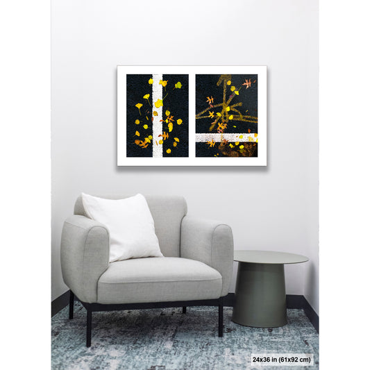 Scattered Leaves on Lines artwork by Susan Bowen, shown as 24x36 print. Features autumn leaves scattered across painted street lines capture nature and urban order in quiet contrast.