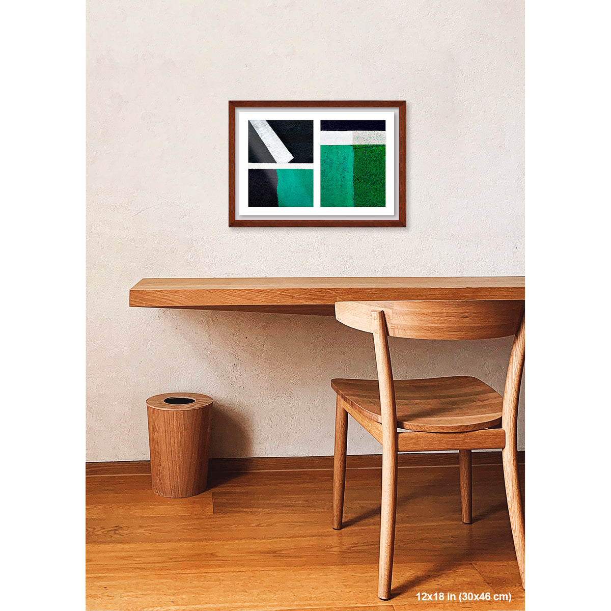 Green Squares, White Lines artwork by Susan Bowen, shown as 12x18 framed print. Features white lines dividing deep green pavement zones form a bold, color-driven street abstraction.