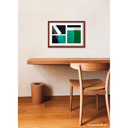 Green Squares, White Lines artwork by Susan Bowen, shown as 12x18 framed print. Features white lines dividing deep green pavement zones form a bold, color-driven street abstraction.