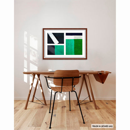 Green Squares, White Lines artwork by Susan Bowen, shown as 16x24 framed print. Features white lines dividing deep green pavement zones form a bold, color-driven street abstraction.