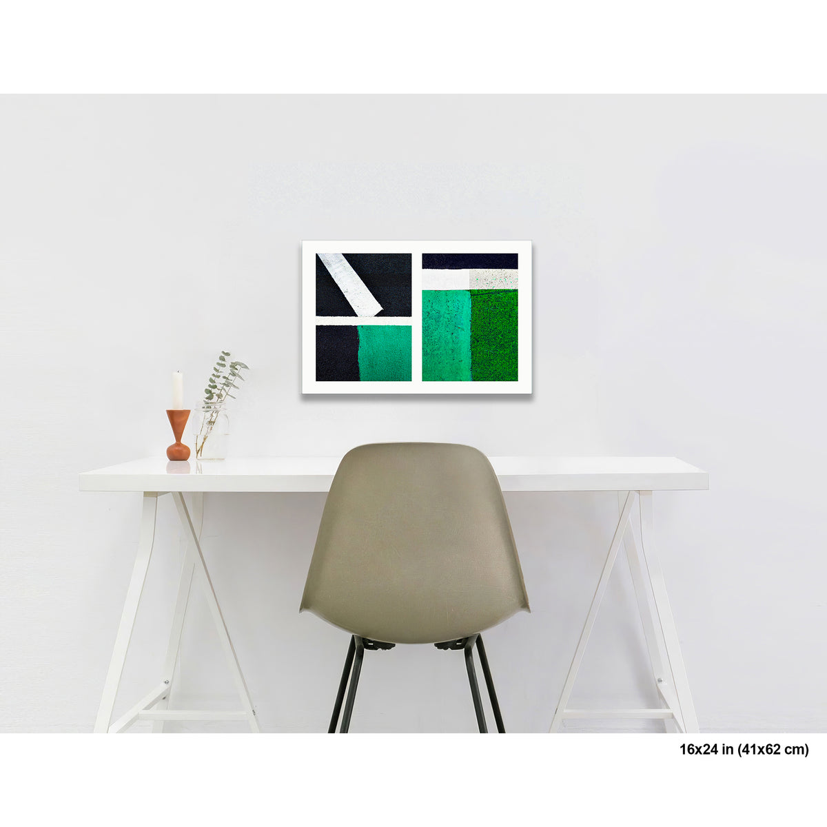 Green Squares, White Lines artwork by Susan Bowen, shown as 16x24 print. Features white lines dividing deep green pavement zones form a bold, color-driven street abstraction.