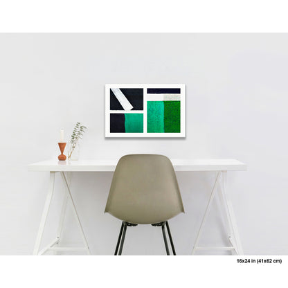 Green Squares, White Lines artwork by Susan Bowen, shown as 16x24 print. Features white lines dividing deep green pavement zones form a bold, color-driven street abstraction.
