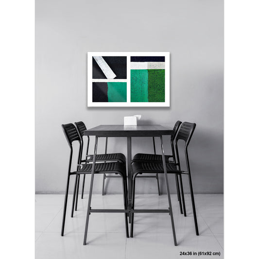 Green Squares, White Lines artwork by Susan Bowen, shown as 24x36 print. Features white lines dividing deep green pavement zones form a bold, color-driven street abstraction.