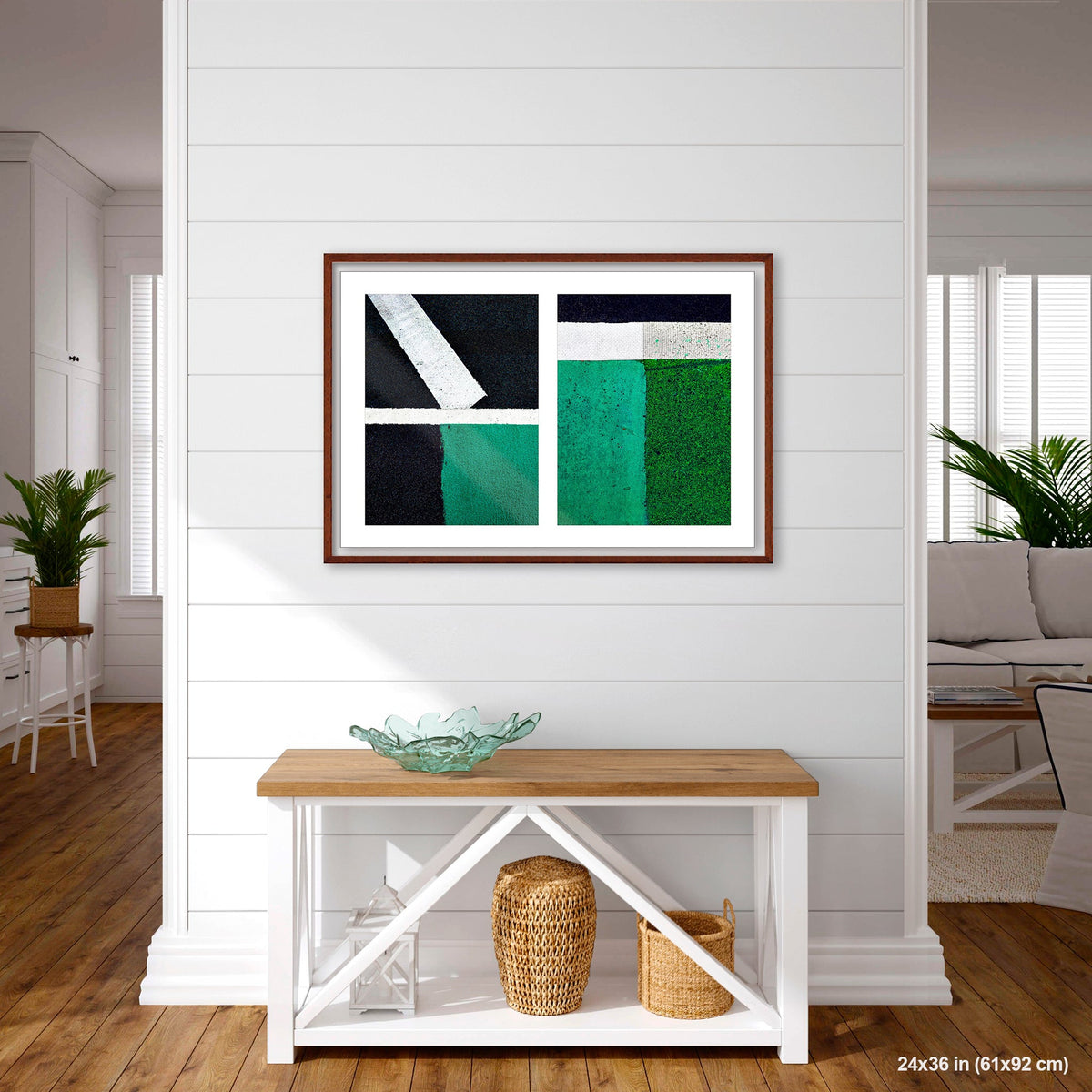 Green Squares, White Lines artwork by Susan Bowen, shown as 24x36 framed print. Features white lines dividing deep green pavement zones form a bold, color-driven street abstraction.