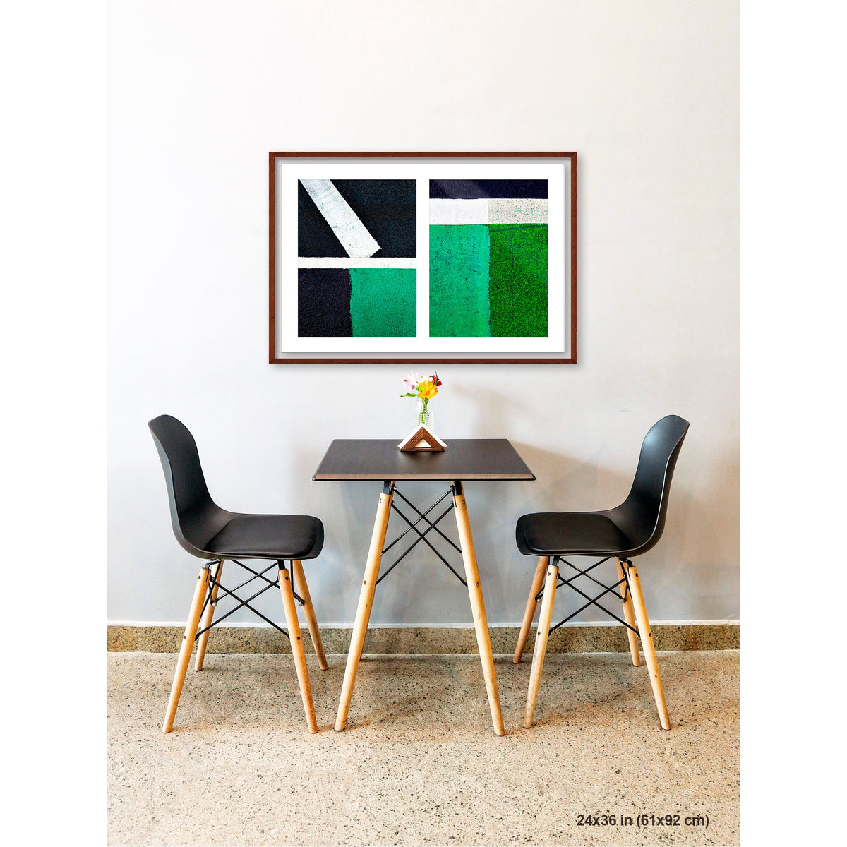Green Squares, White Lines artwork by Susan Bowen, shown as 24x36 framed print. Features white lines dividing deep green pavement zones form a bold, color-driven street abstraction.
