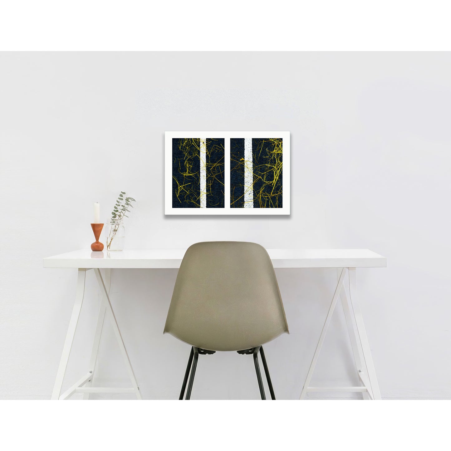 Abstract photograph diptych of twigs on street lines