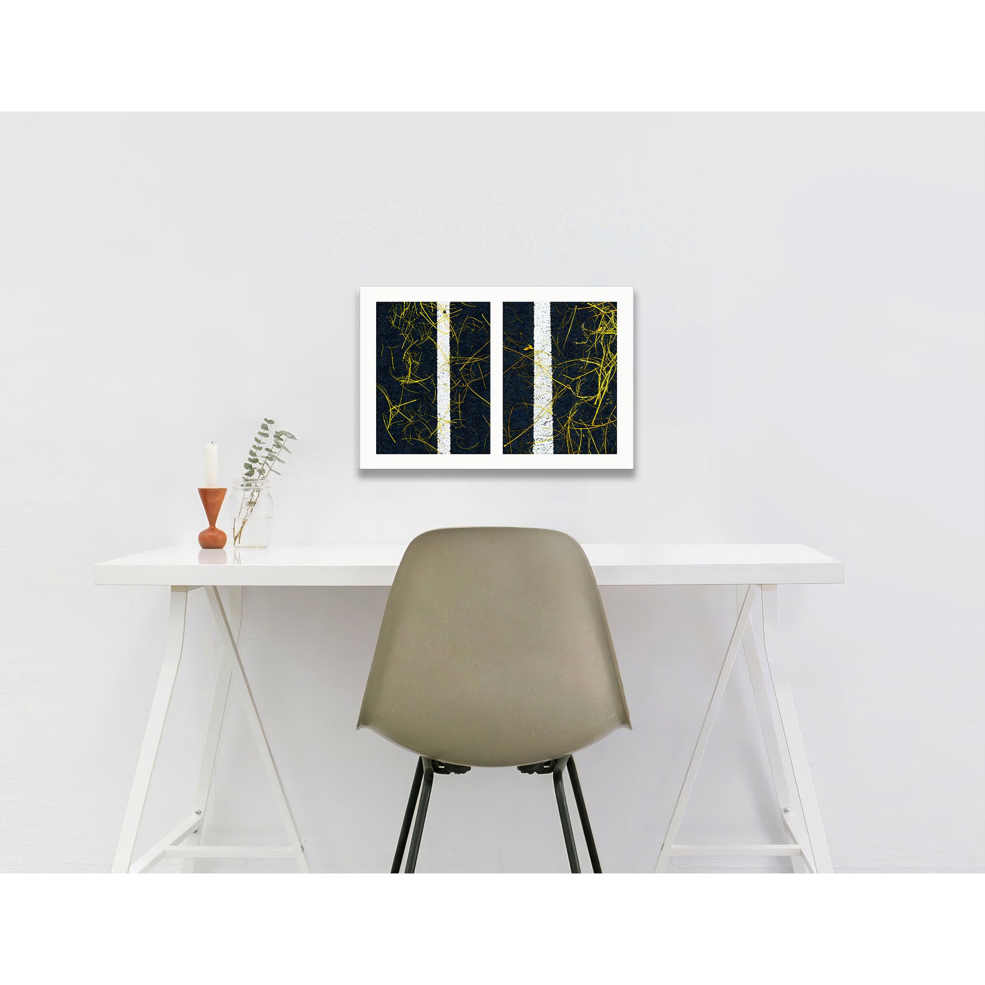 Abstract photograph diptych of twigs on street lines