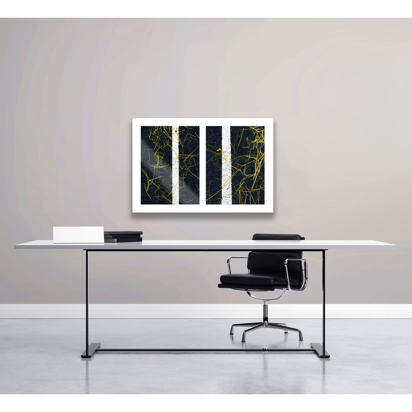 Abstract photograph diptych of twigs on street lines