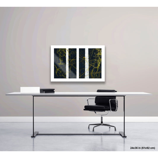 Scattered Twigs on Lines artwork by Susan Bowen, shown as 24x36 print. Features golden grass stems scattered over white road lines create a textural study in urban organic contrast.