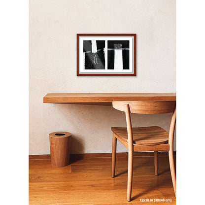 Drips Conversing artwork by Susan Bowen, shown as 12x18 framed print. Features curved road text and yellow lines captured as dynamic, graphic urban street photography.