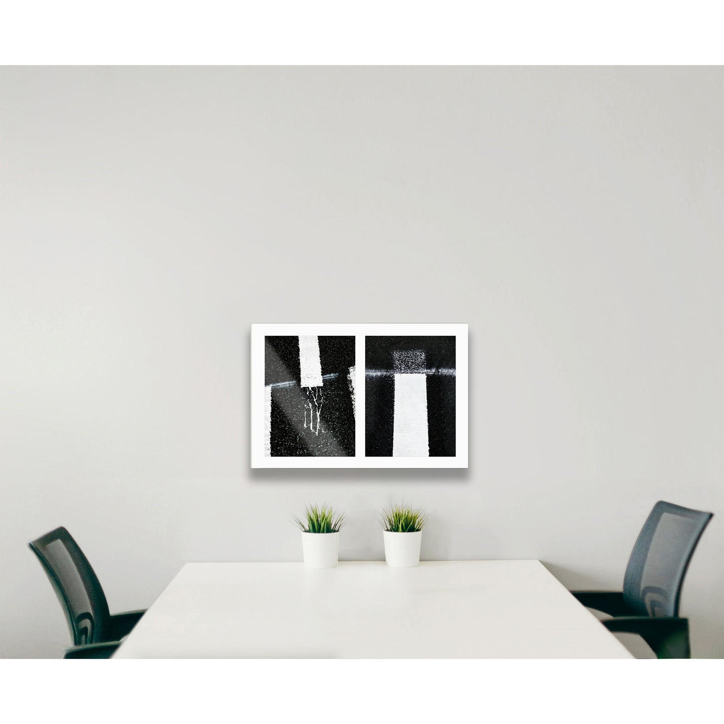 Abstract photograph diptych of London warnings in gray and yellow