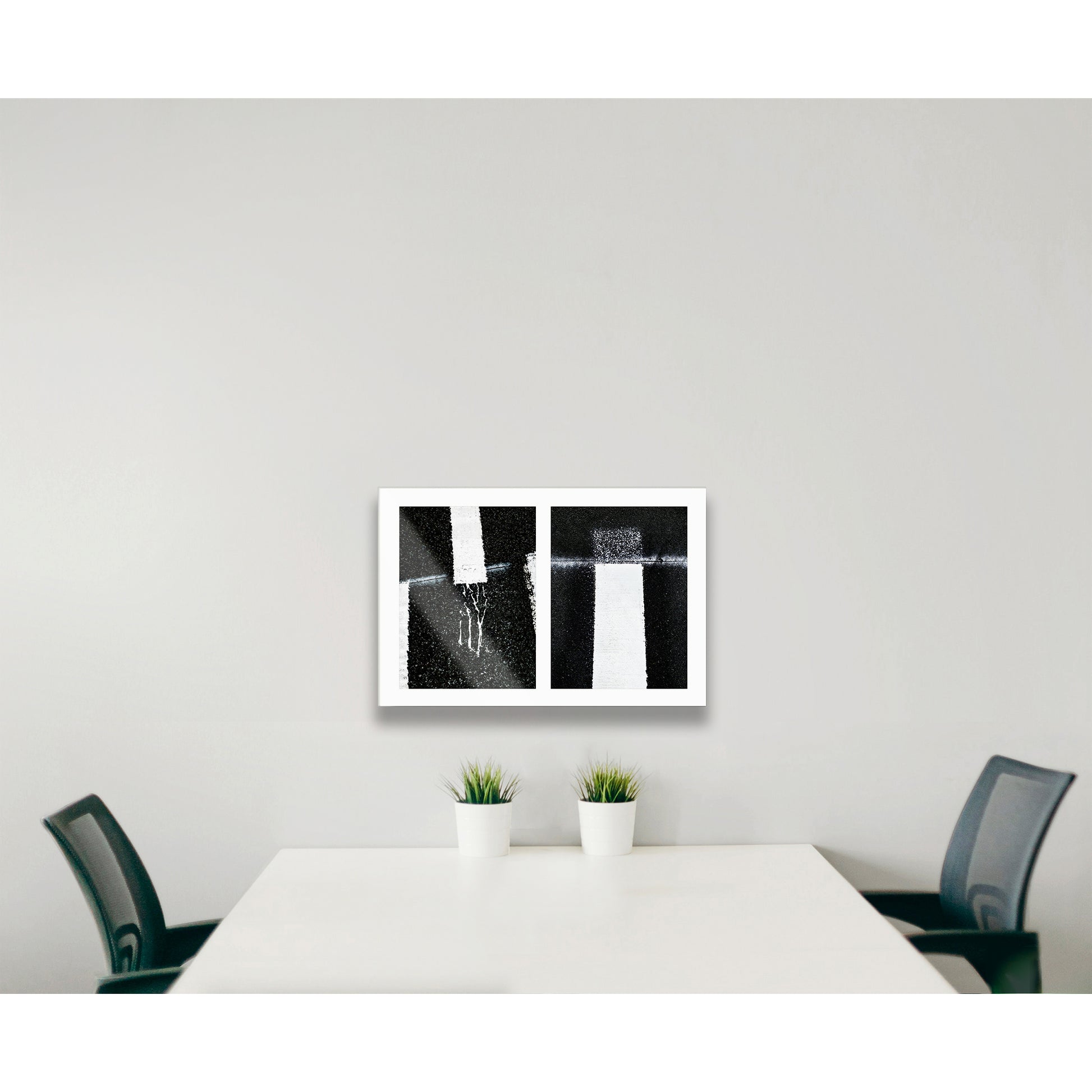 Abstract photograph diptych of London warnings in gray and yellow