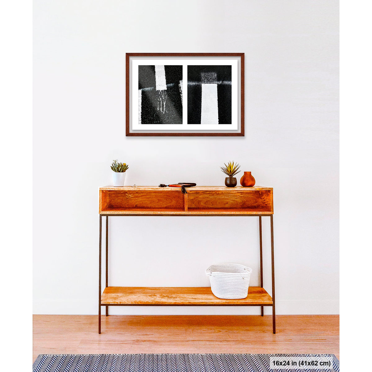 Drips Conversing artwork by Susan Bowen, shown as 16x24 framed print. Features curved road text and yellow lines captured as dynamic, graphic urban street photography.