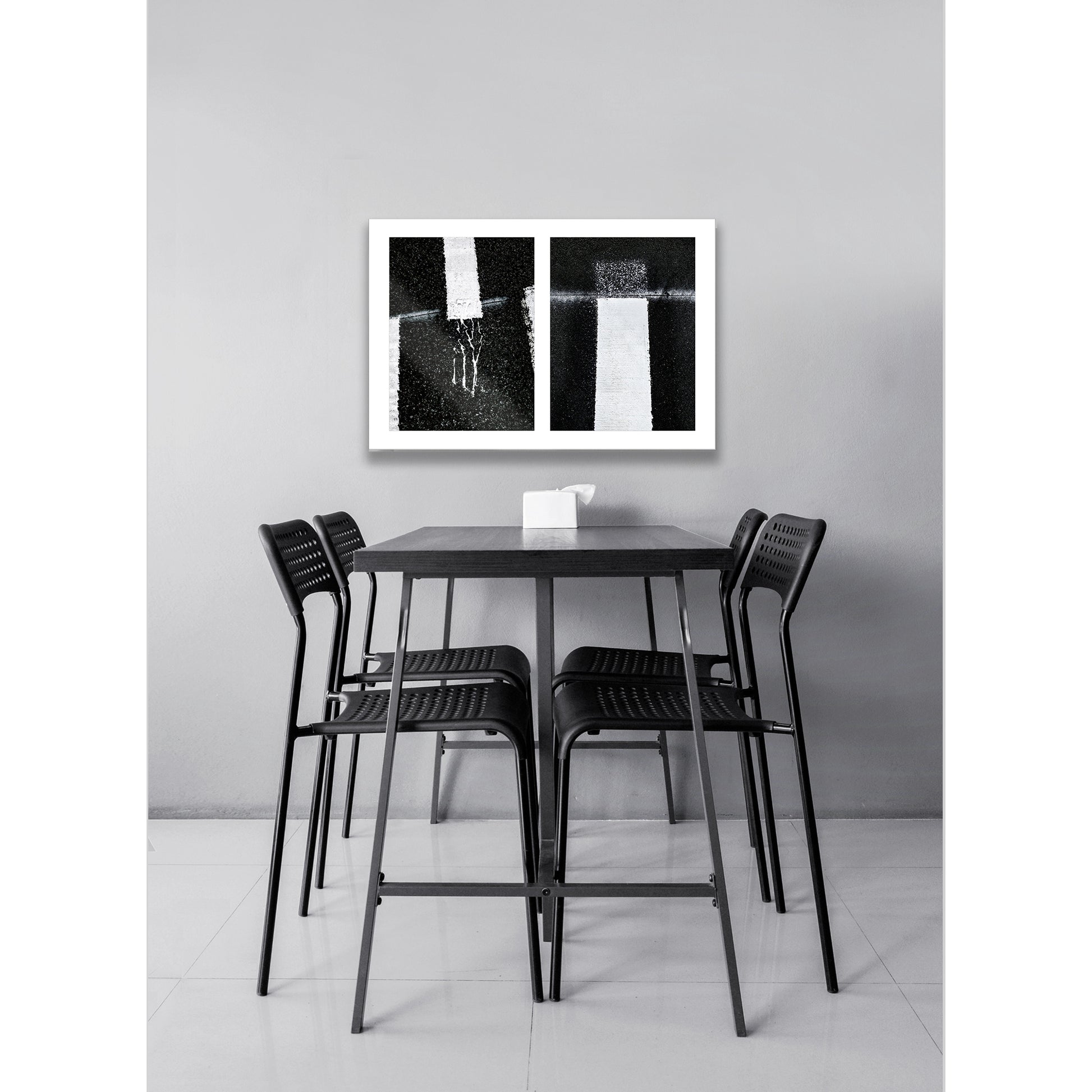 Abstract photograph diptych of London warnings in gray and yellow