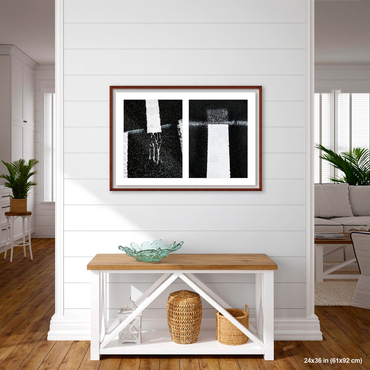 Drips Conversing artwork by Susan Bowen, shown as 24x36 framed print. Features curved road text and yellow lines captured as dynamic, graphic urban street photography.