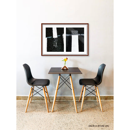 Drips Conversing artwork by Susan Bowen, shown as 24x36 framed print. Features white road paint drips and overspray captured as high-contrast studies of process and imperfection.