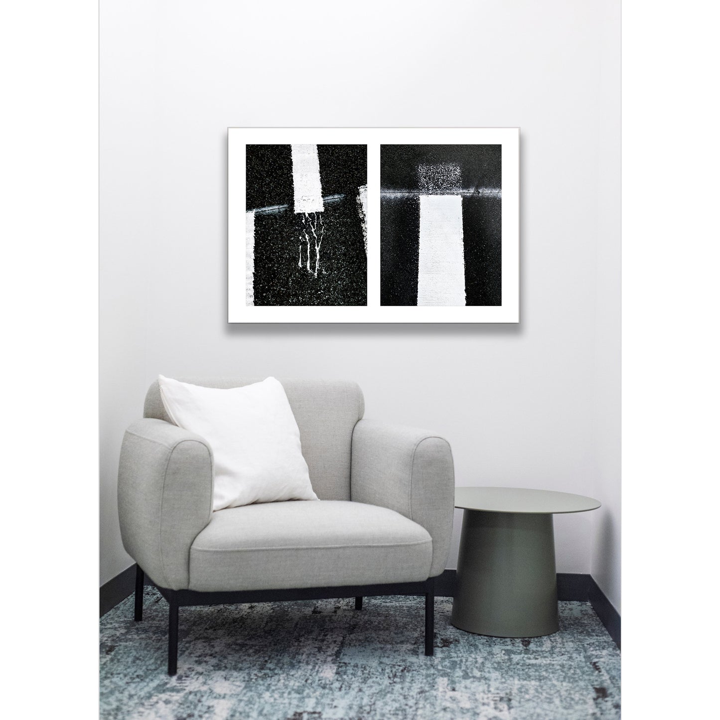 Abstract photograph diptych of white street line accidents