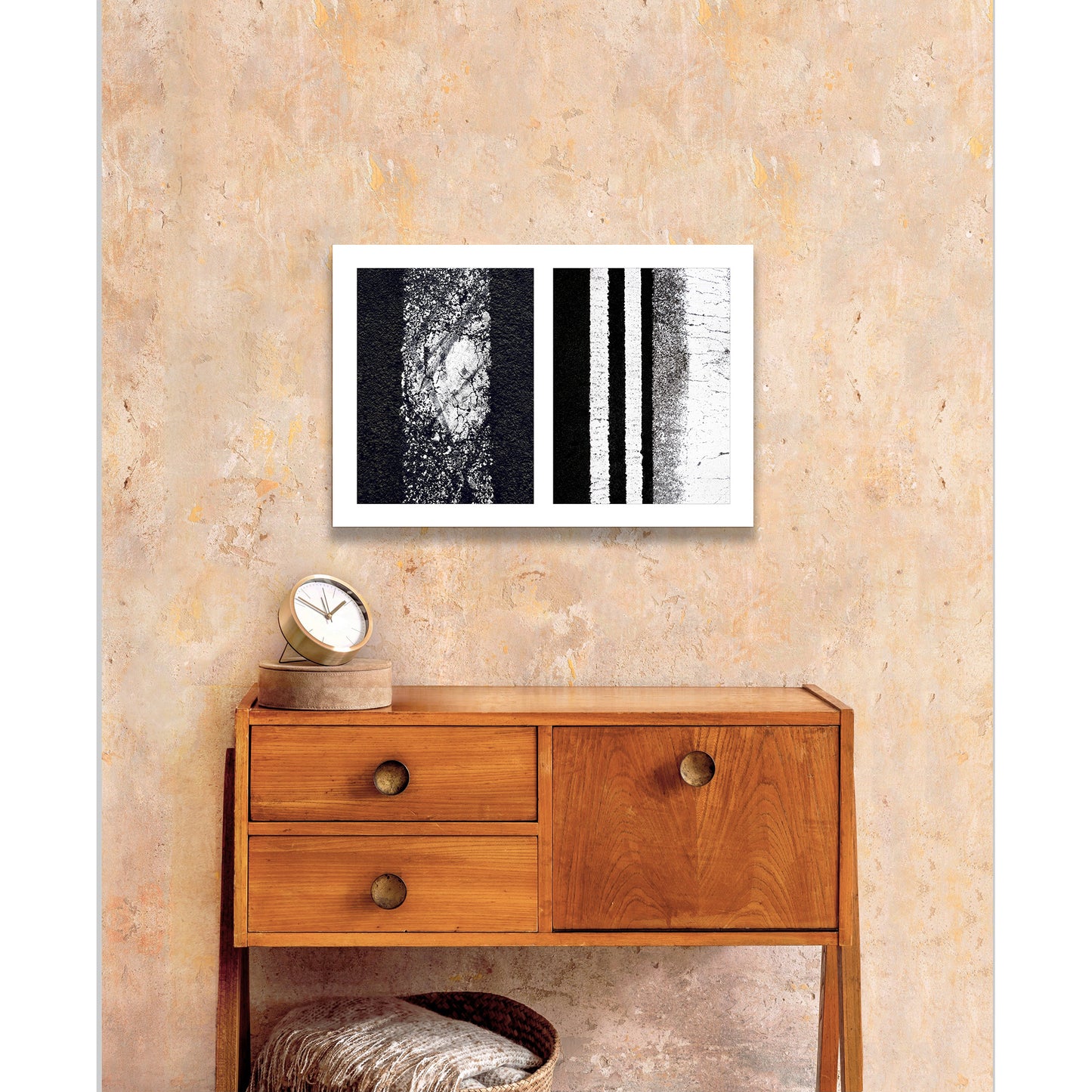 Abstract photograph diptych of worn white street lines