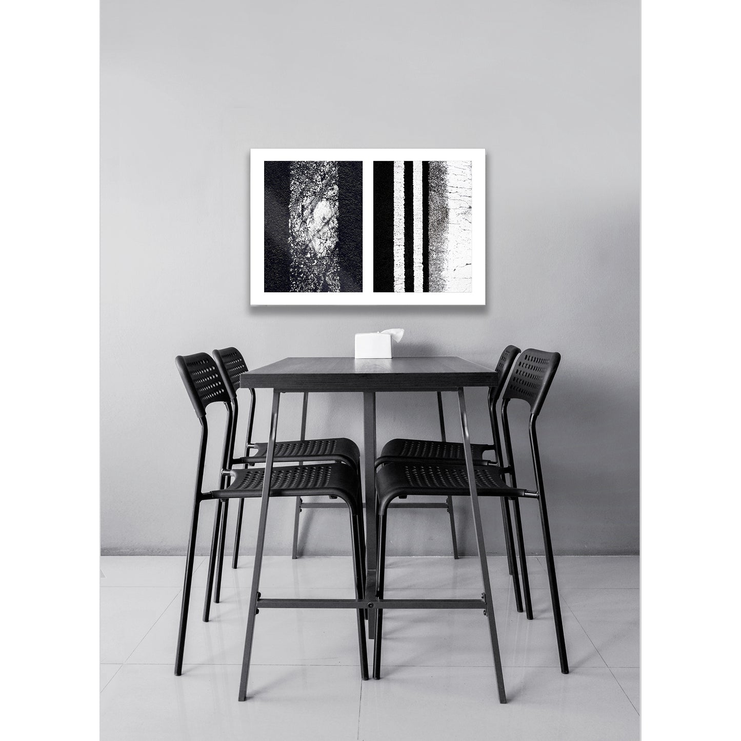 Abstract photograph diptych of worn white street lines