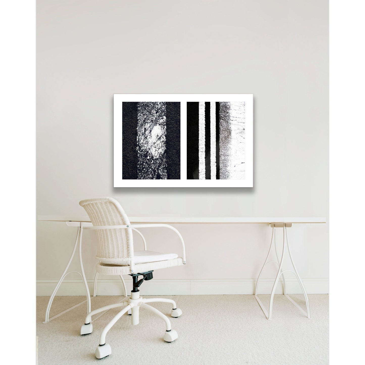 Abstract photograph diptych of worn white street lines