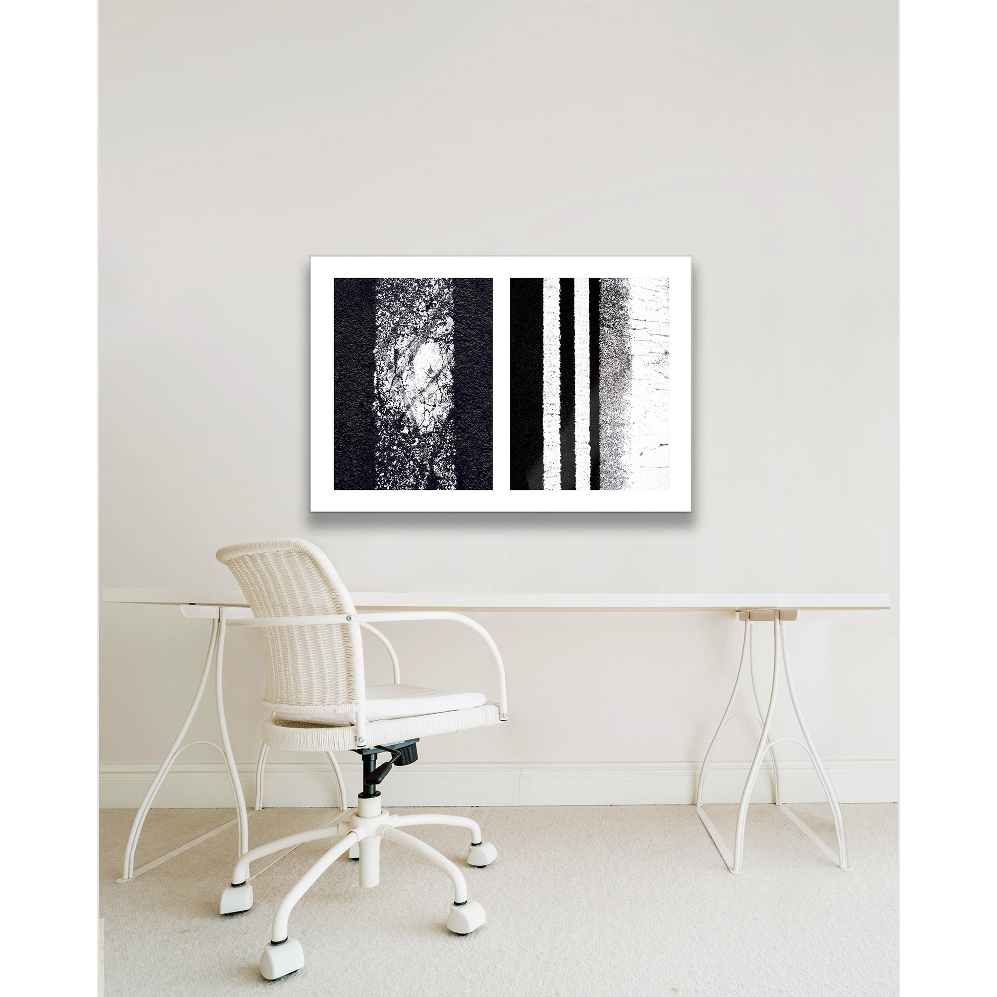 Abstract photograph diptych of worn white street lines