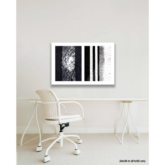 Erosion in White artwork by Susan Bowen, shown as 24x36 print. Features weathered white road paint fragmenting and dispersing across asphalt — erosion as urban abstract photography.