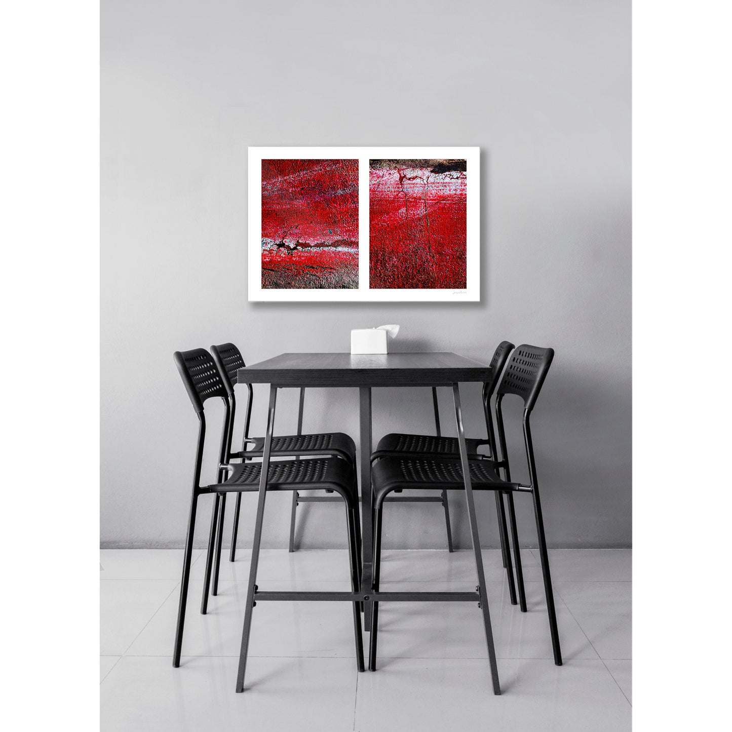A diptych with two red panels, each featuring a textured surface with cracks and layered paint, resembling geological erosion and urban decay.