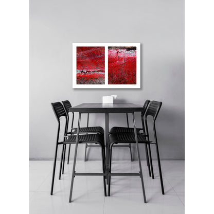 A diptych with two red panels, each featuring a textured surface with cracks and layered paint, resembling geological erosion and urban decay.