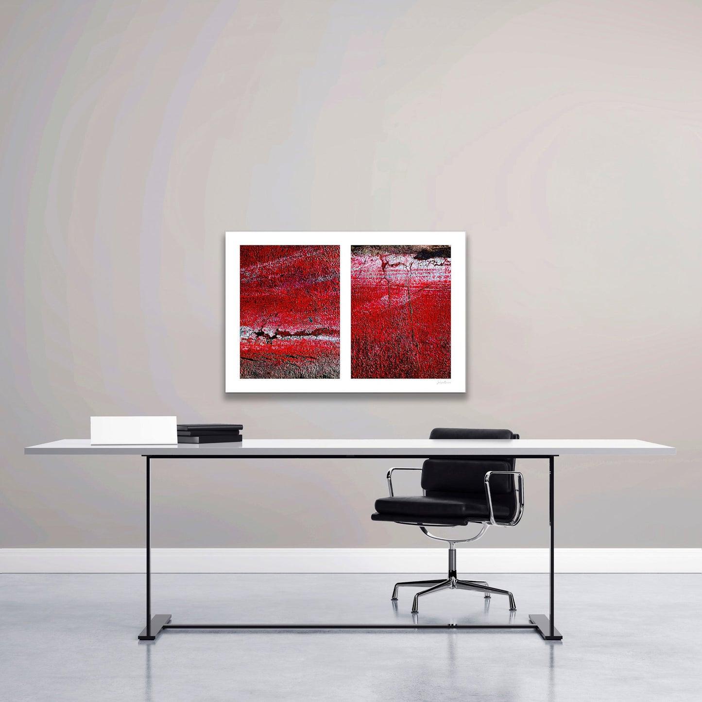 Abstract photograph diptych of red road surfaces
