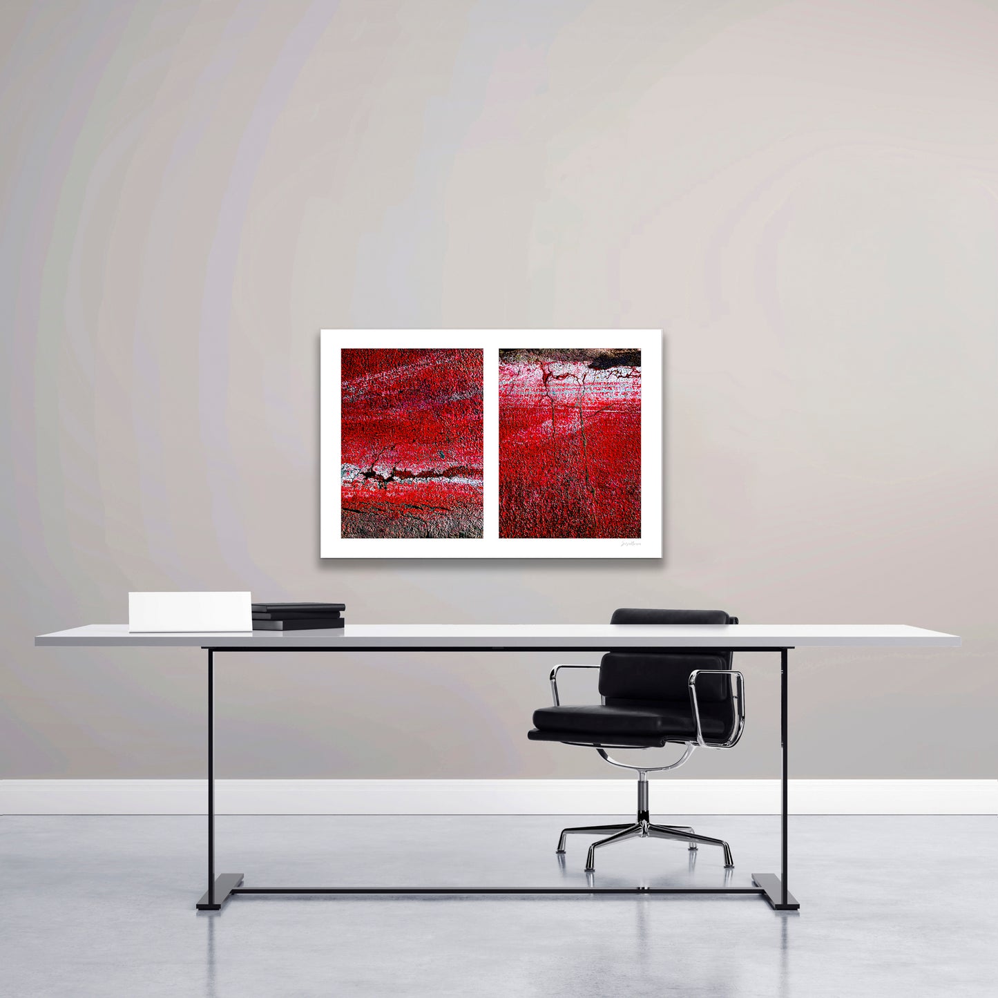 A diptych with two red panels, each featuring a textured surface with cracks and layered paint, resembling geological erosion and urban decay.