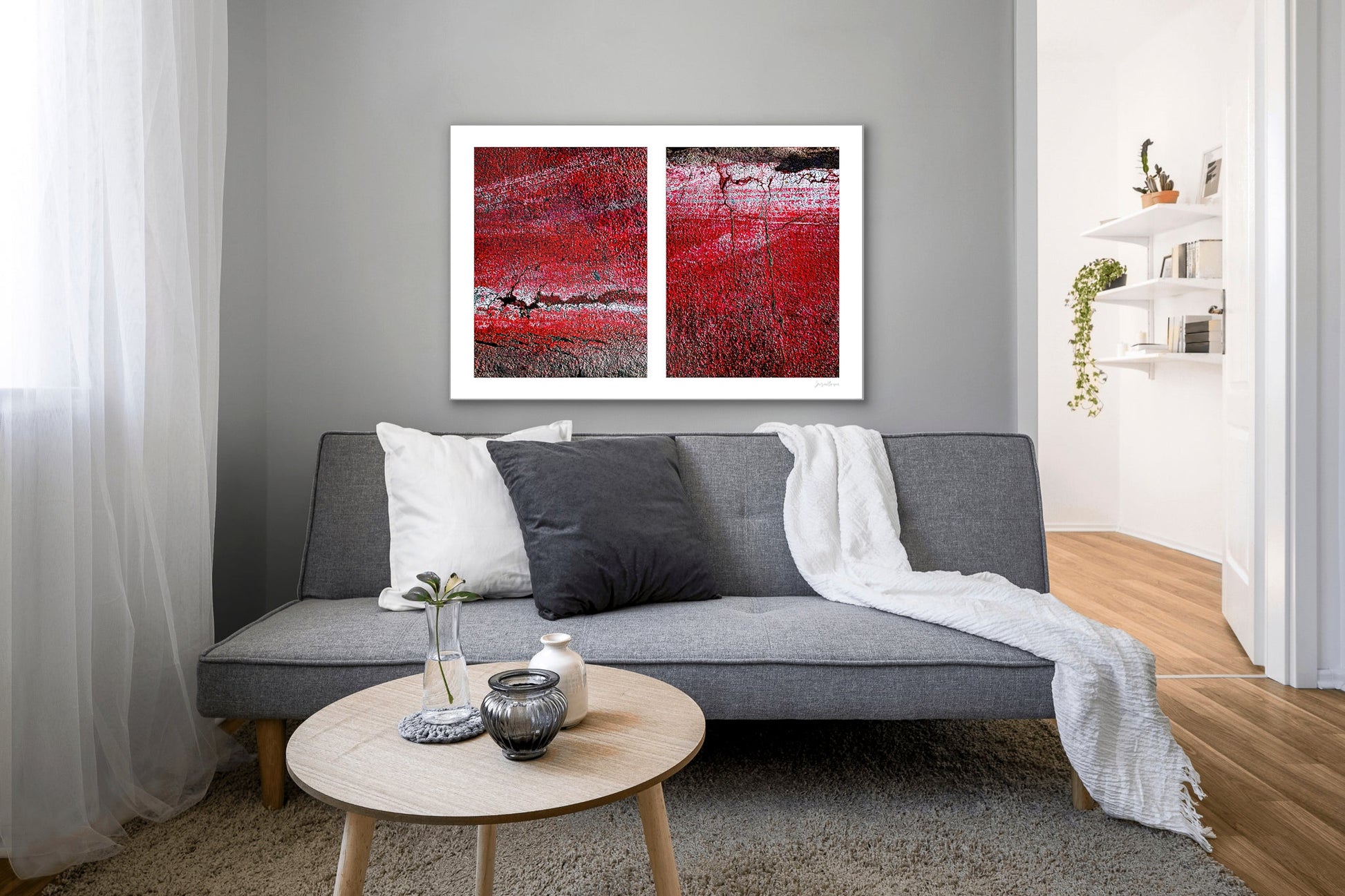 Abstract photograph diptych of red road surfaces
