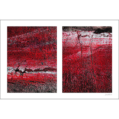 A diptych with two red panels, each featuring a textured surface with cracks and layered paint, resembling geological erosion and urban decay.