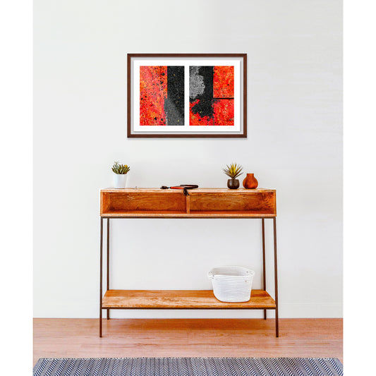 Abstract photograph diptych of red road steel plates
