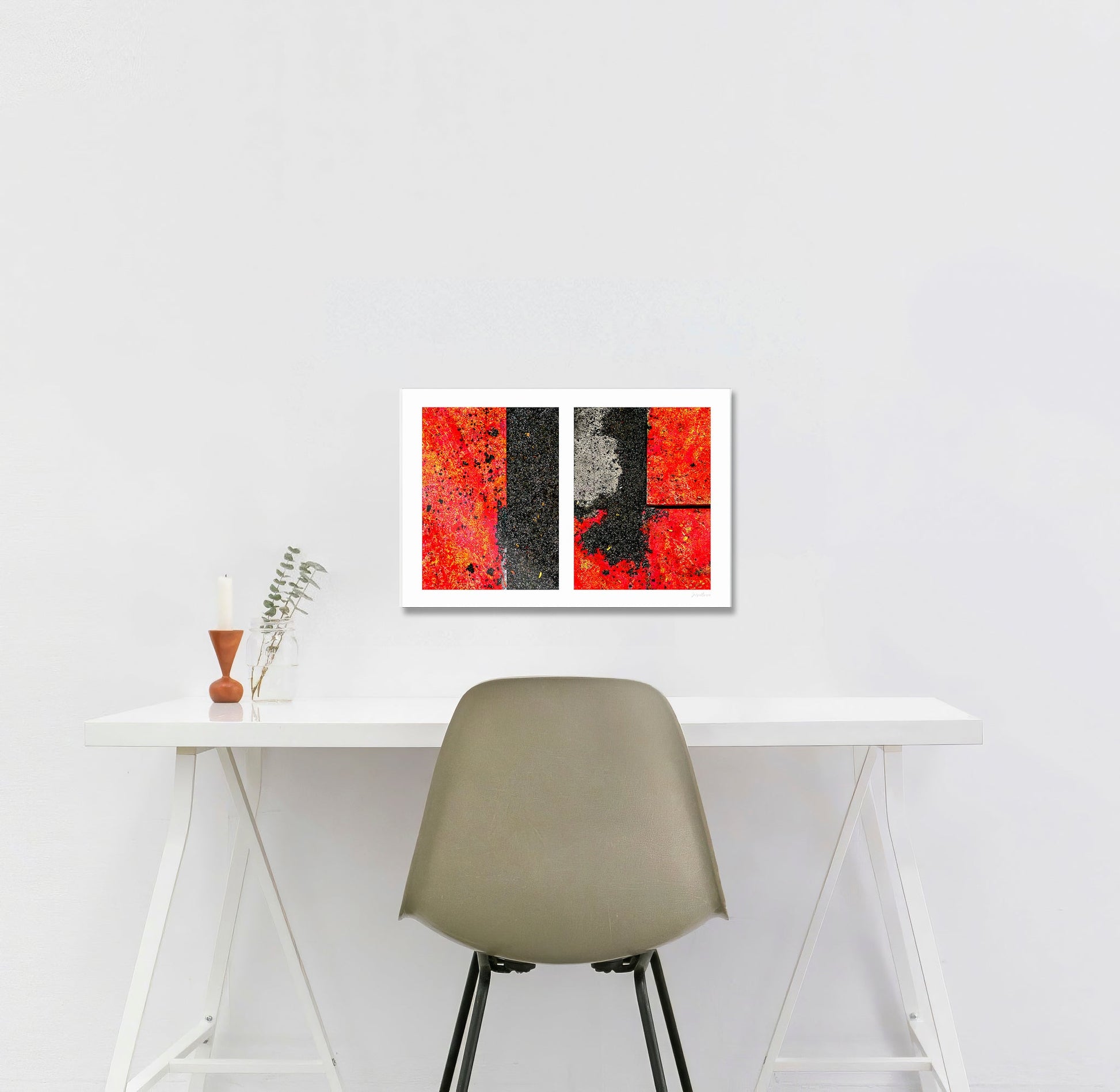 Abstract photograph diptych of red road steel plates