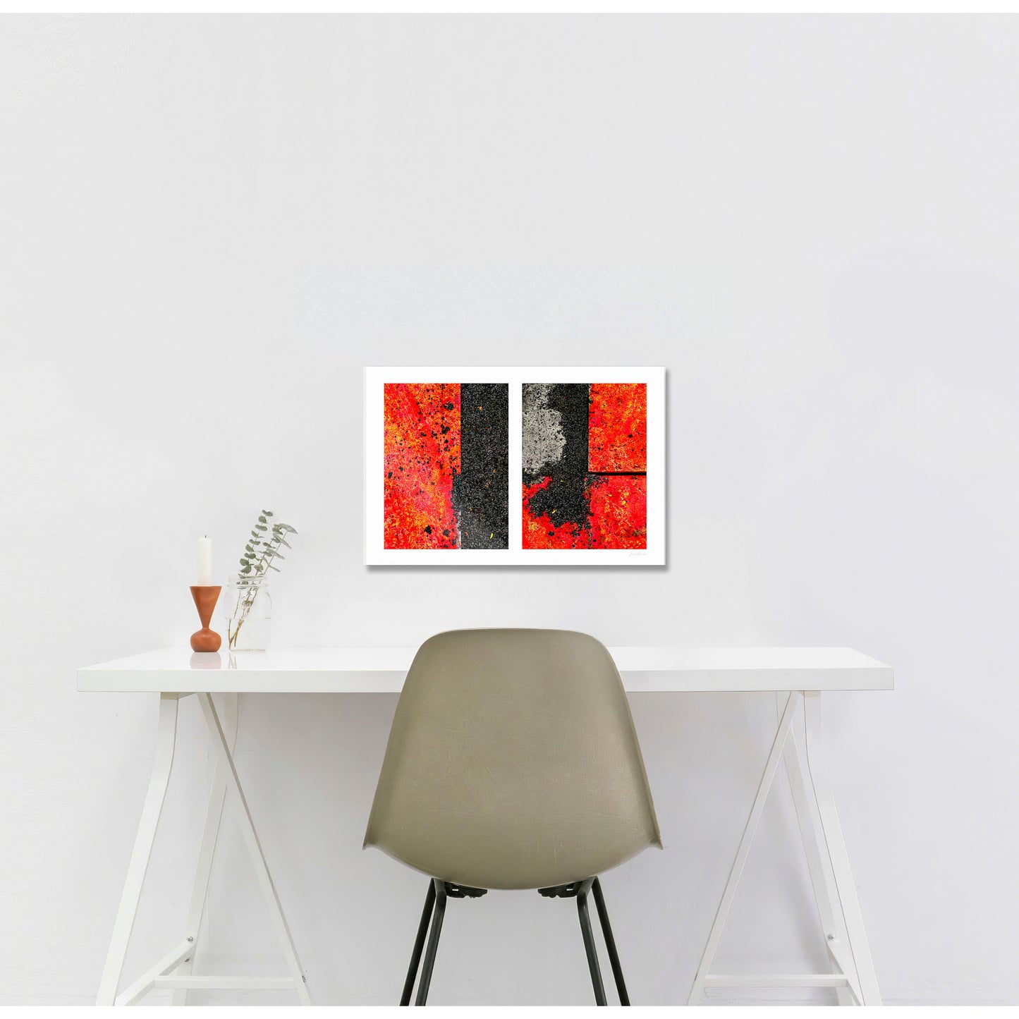 Abstract photograph diptych of red road steel plates