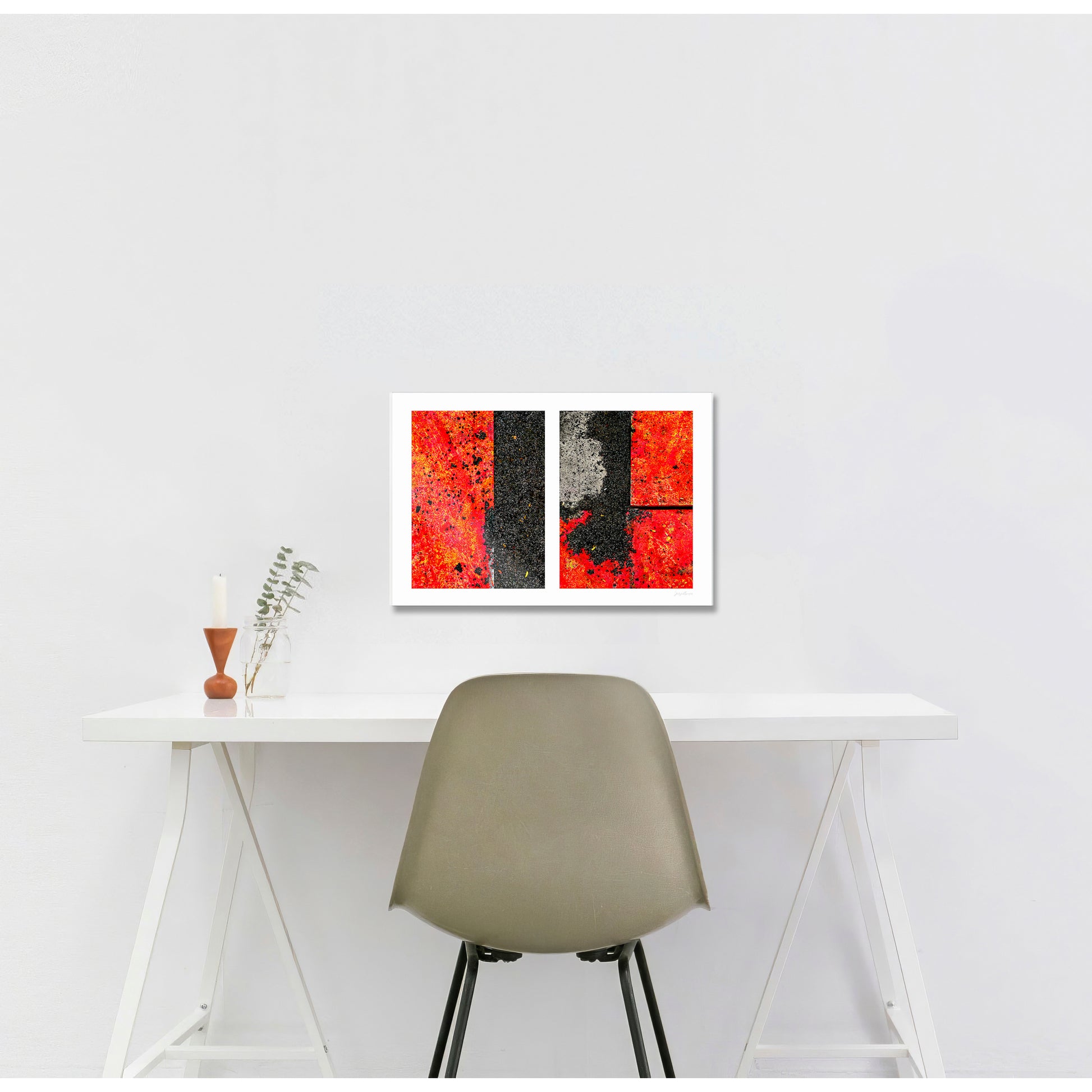 Abstract photograph diptych of red road steel plates